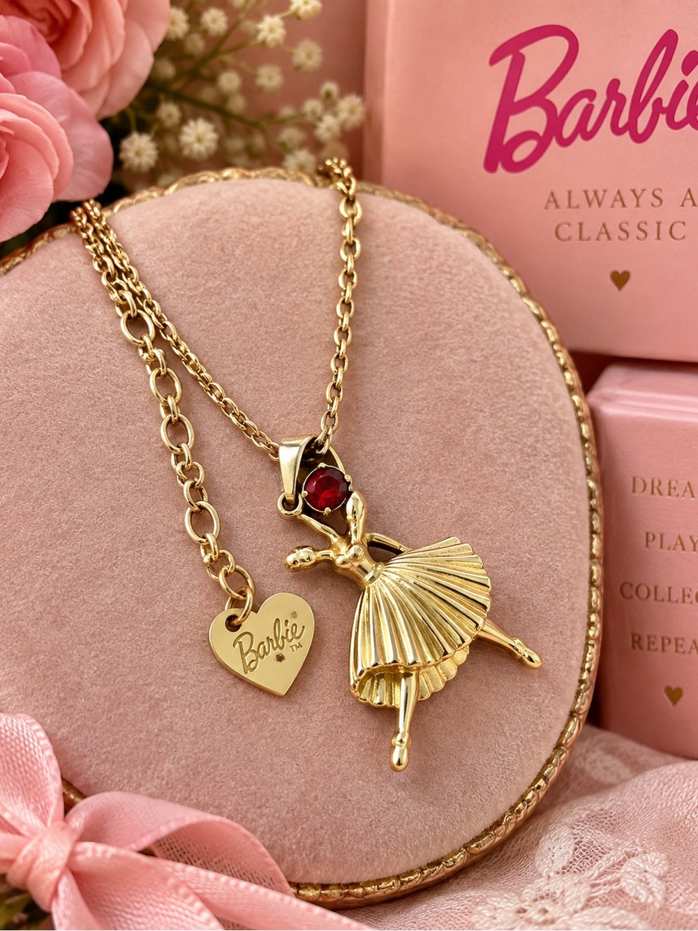 Barbie Gold Ballerina Necklace with Red Heart Accent